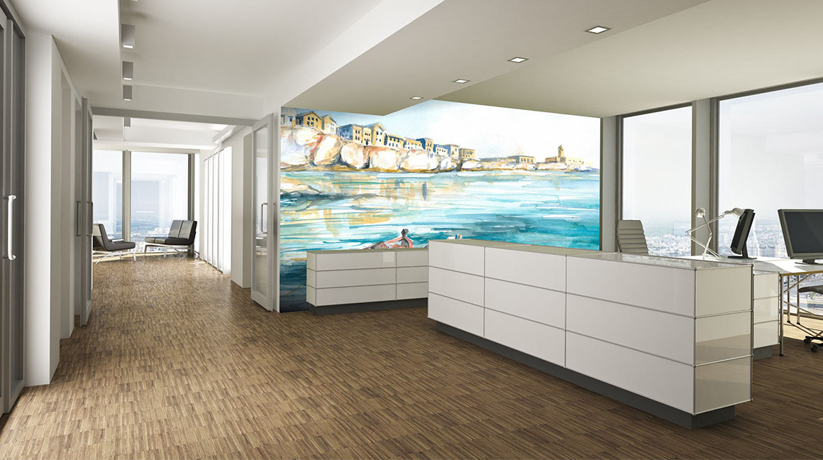 Colorful artist rendition wall wrap in coffee cafe