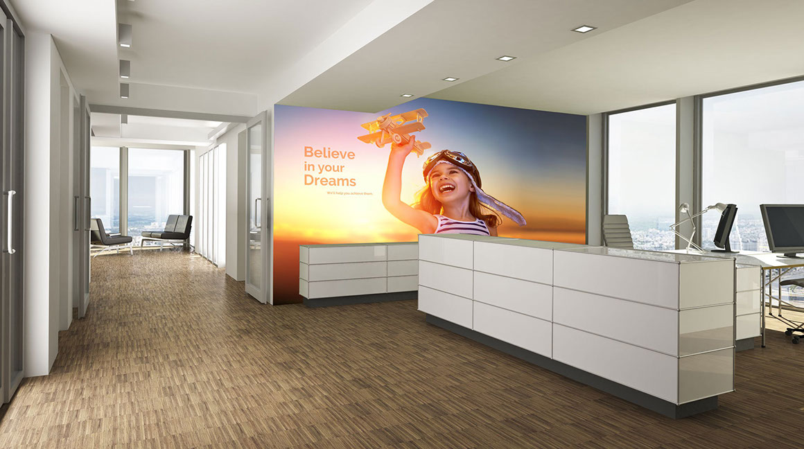 Colorful artist rendition wall wrap in coffee cafe